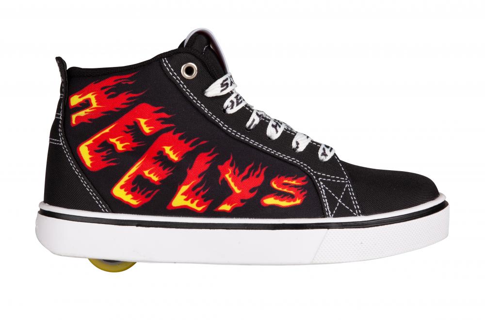 The Heelys Racer 20 Mid have oversized Heelys wordmark in flame print on side panel.